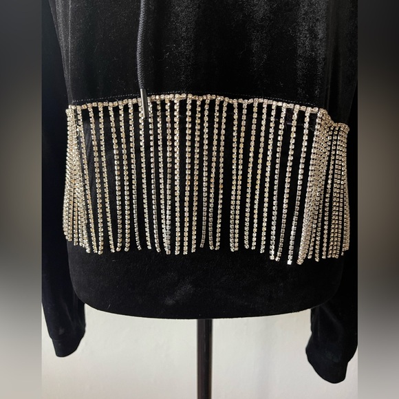 NWOT SuperDown Black velour hooded top w/ rhinestone fringe, size med - Picture 7 of 7
